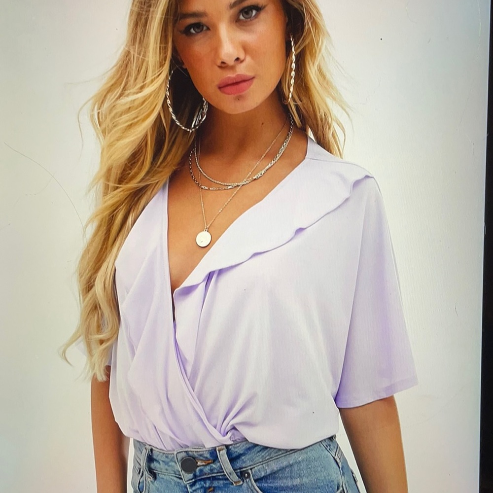 ASOS Design angel sleeve ruffle wrap body in lilac